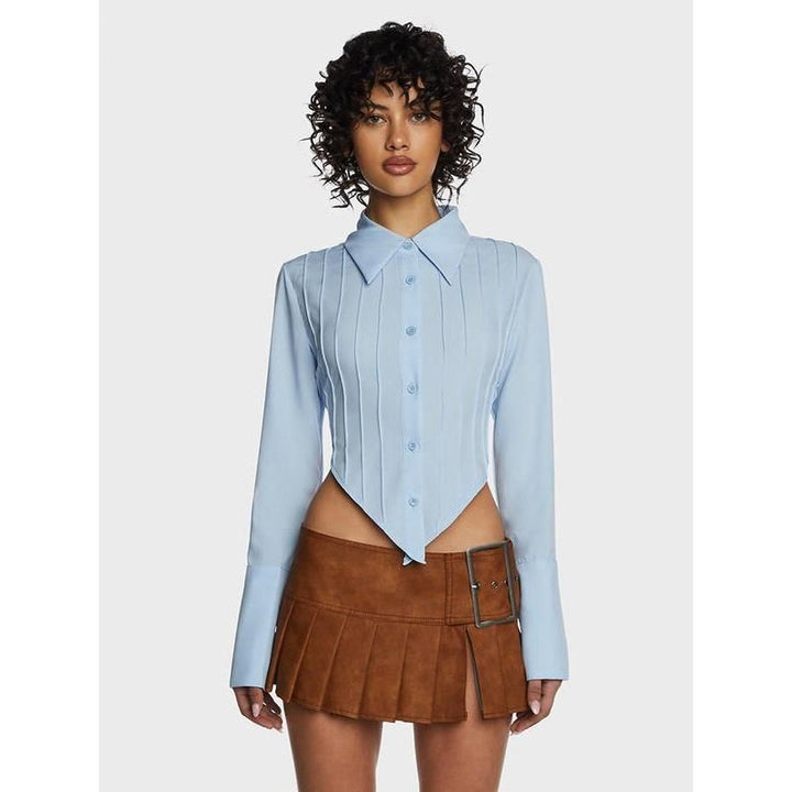 Chic Blue Lace-Up Back Blouse with V-Shaped Hem