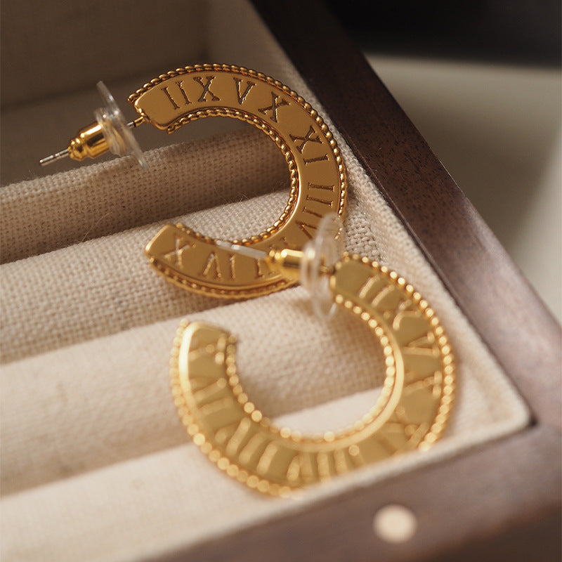 gold-tone roman numeral ring earrings, view 3 - MRSLM