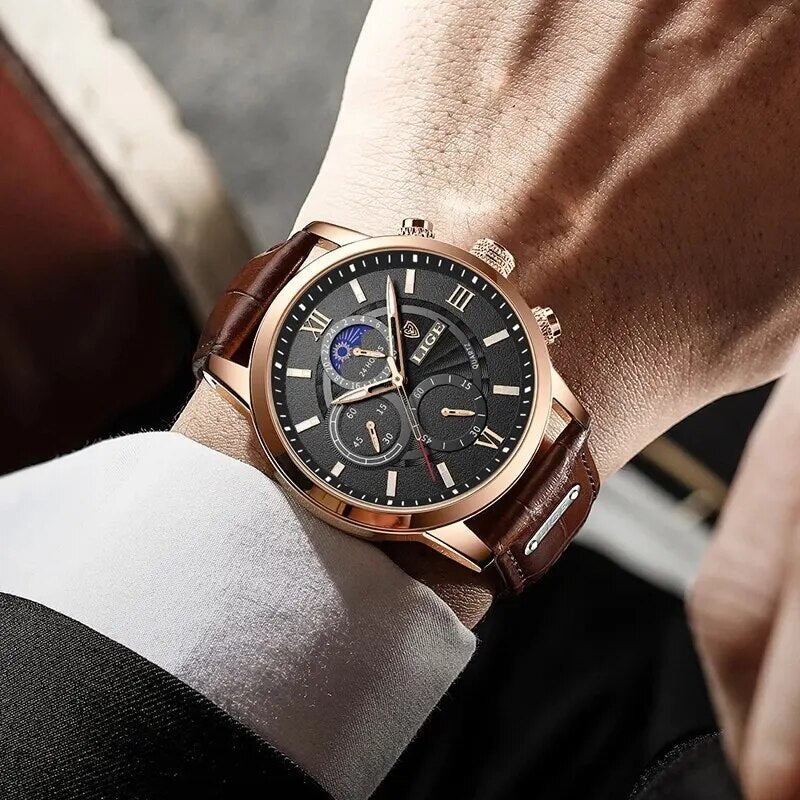 men's leather quartz watch, view 7 - MRSLM
