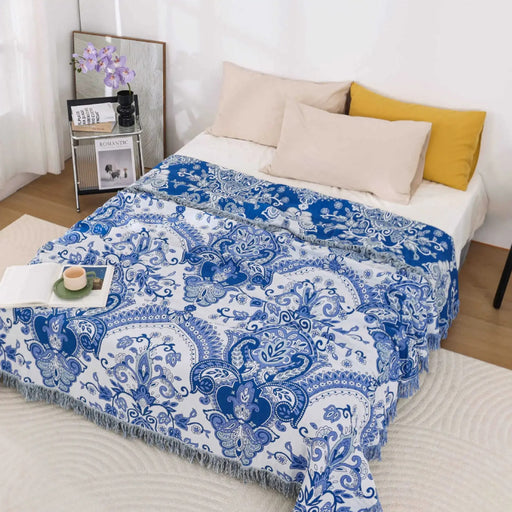 boho multilayer cotton blanket with tassels, view 2 - MRSLM