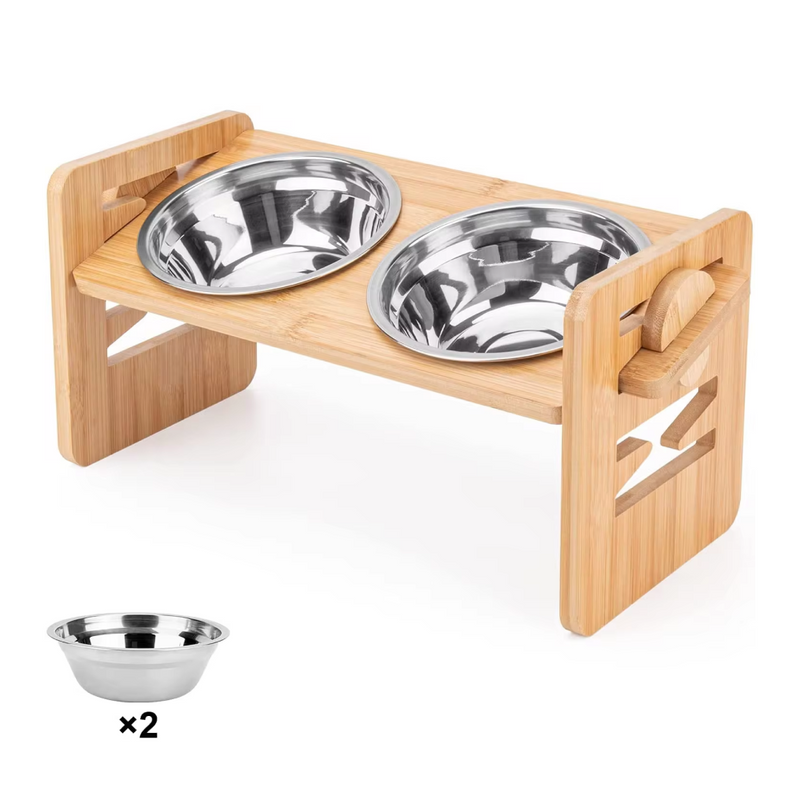 bamboo elevated dog bowls with adjustable stand, view 2 - MRSLM