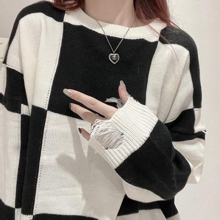 Ripped Plaid Sweater Women's Knitted Blouse