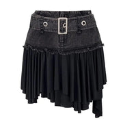 black denim mini skirt with ruffled hem, view 2 - MRSLM