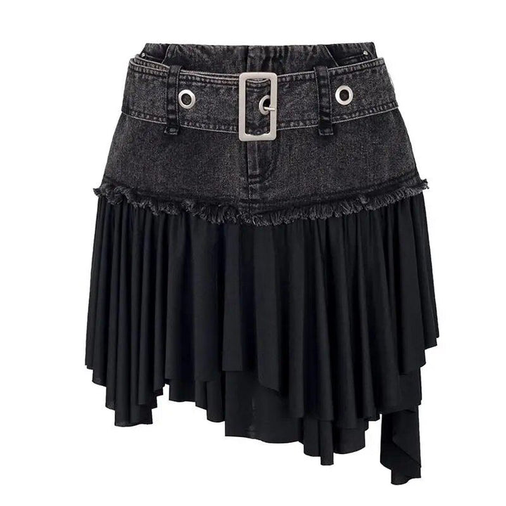 Street Black Denim Mini Skirt with Ruffled Hem