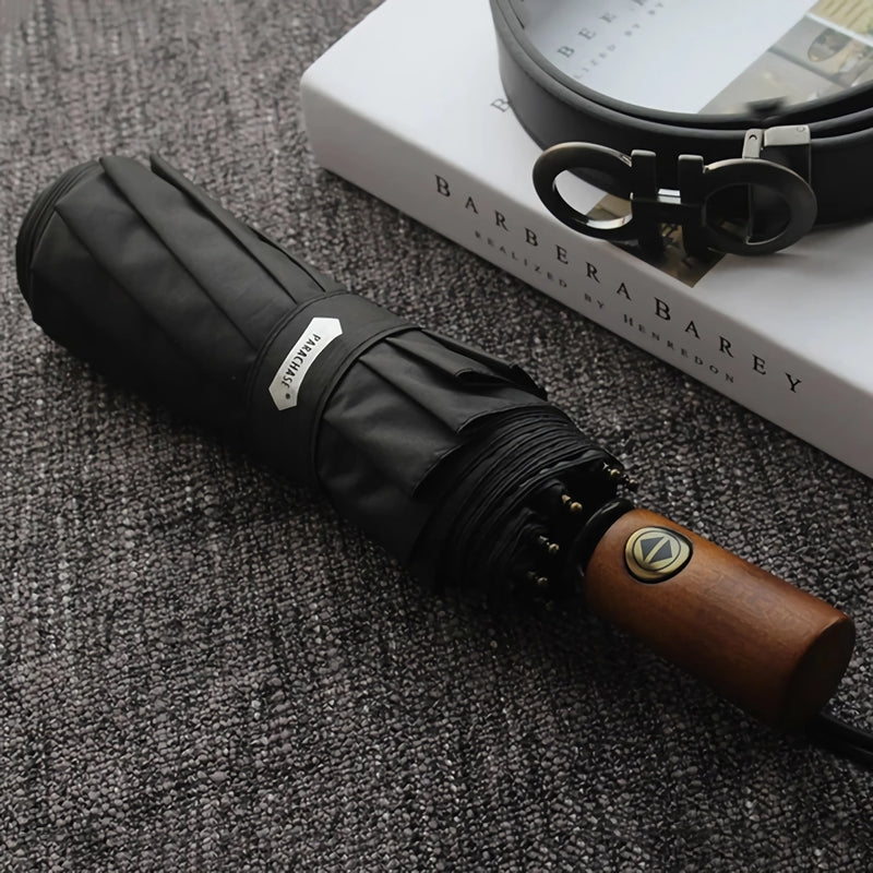 automatic windproof golf umbrella with wooden handle, view 2 - MRSLM