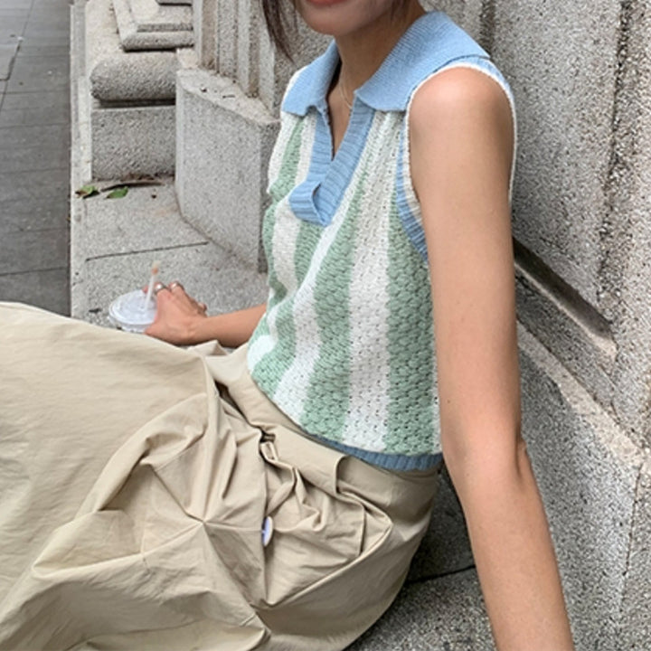 Contrast Color Stripes Polo Collar Sleeveless Knitwear Women