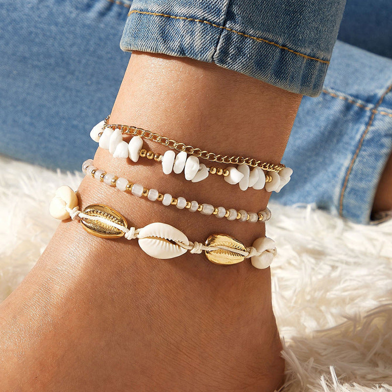 boho shell and stone anklet set, view 3 - MRSLM