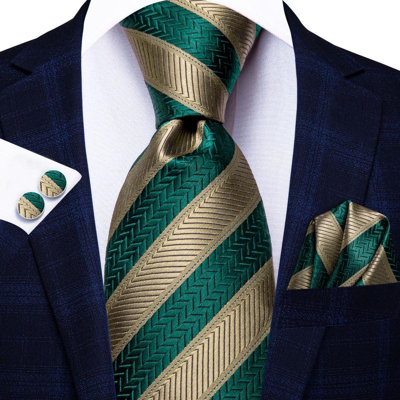 green striped silk necktie set for men, view 3 - MRSLM