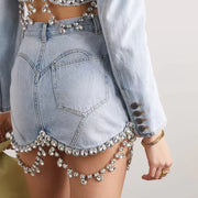 diamond patchwork denim mini skirt, view 4 - MRSLM
