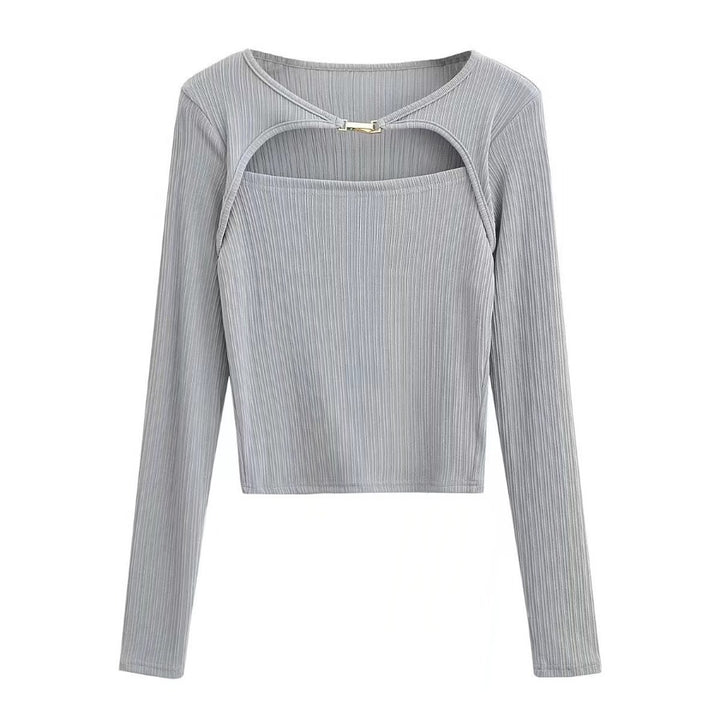 Elastic Tight Thin Hook And Loop Design Long Sleeved Bottoming Shirt For Women