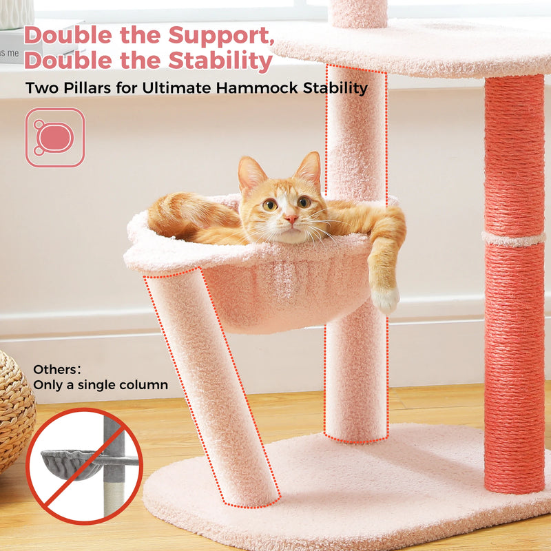Encantadora árvore para gatos de vários níveis em formato de flamingo rosa, com rede e postes para arranhar.