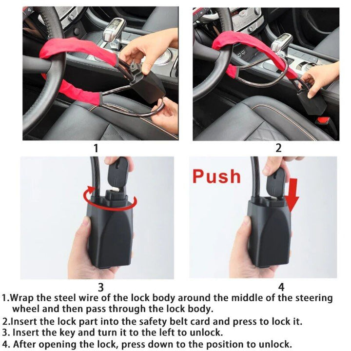 Universal Car Steering Wheel and Seat Belt Lock with Dual Keys