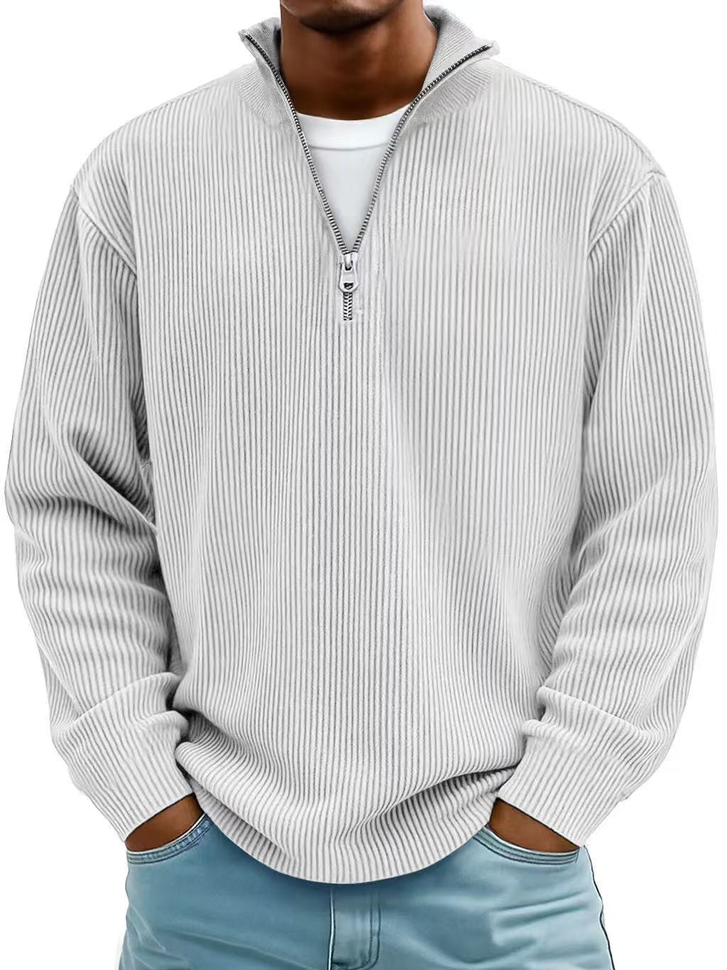 Corduroy Zipper Stand Collar Sweatshirt Fashion Warm Solid Color Long Sleeve Top Men&