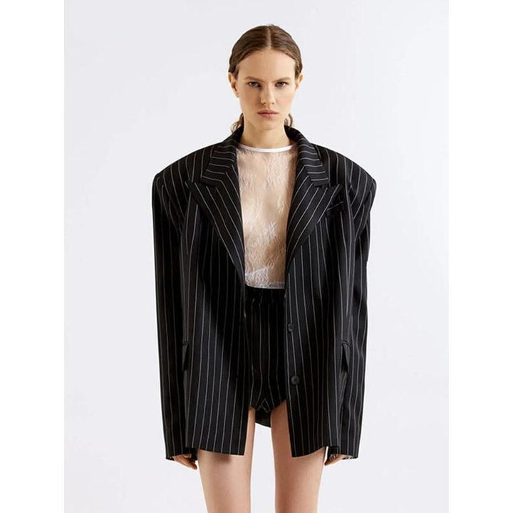 Elegant Stripe 2-Piece Set: Long Sleeve Blazer & High Waist Shorts