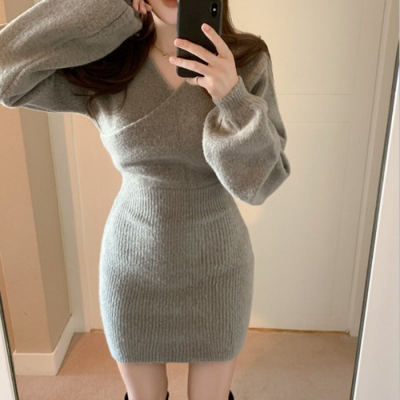 cross v-neck knitted sweater dress, view 6 - MRSLM
