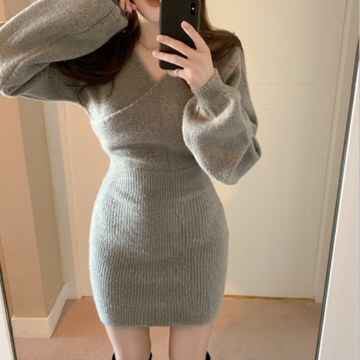 cross v-neck knitted sweater dress, view 6 - MRSLM