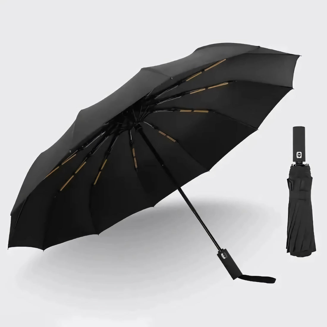 Guarda-chuva preto resistente, dobrável em três partes e com proteção UV.