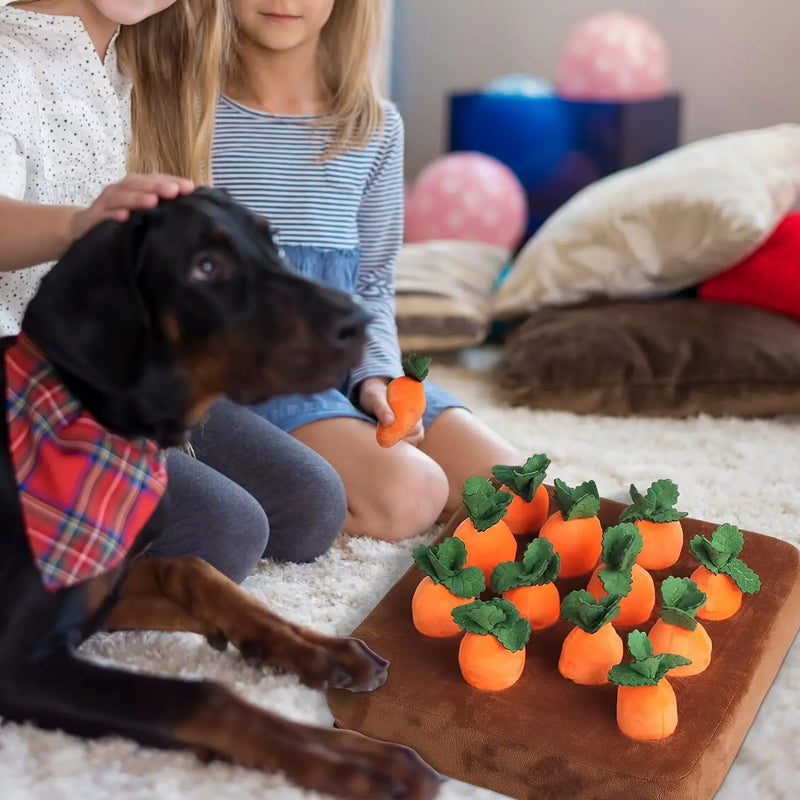 Brinquedo interativo de pelúcia para cachorro com tema de fazenda de cenouras