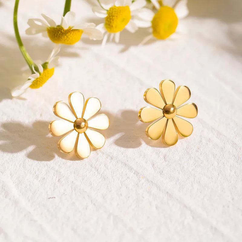 Stainless steel 18K PVD plated daisy stud earrings, view 6 - MRSLM