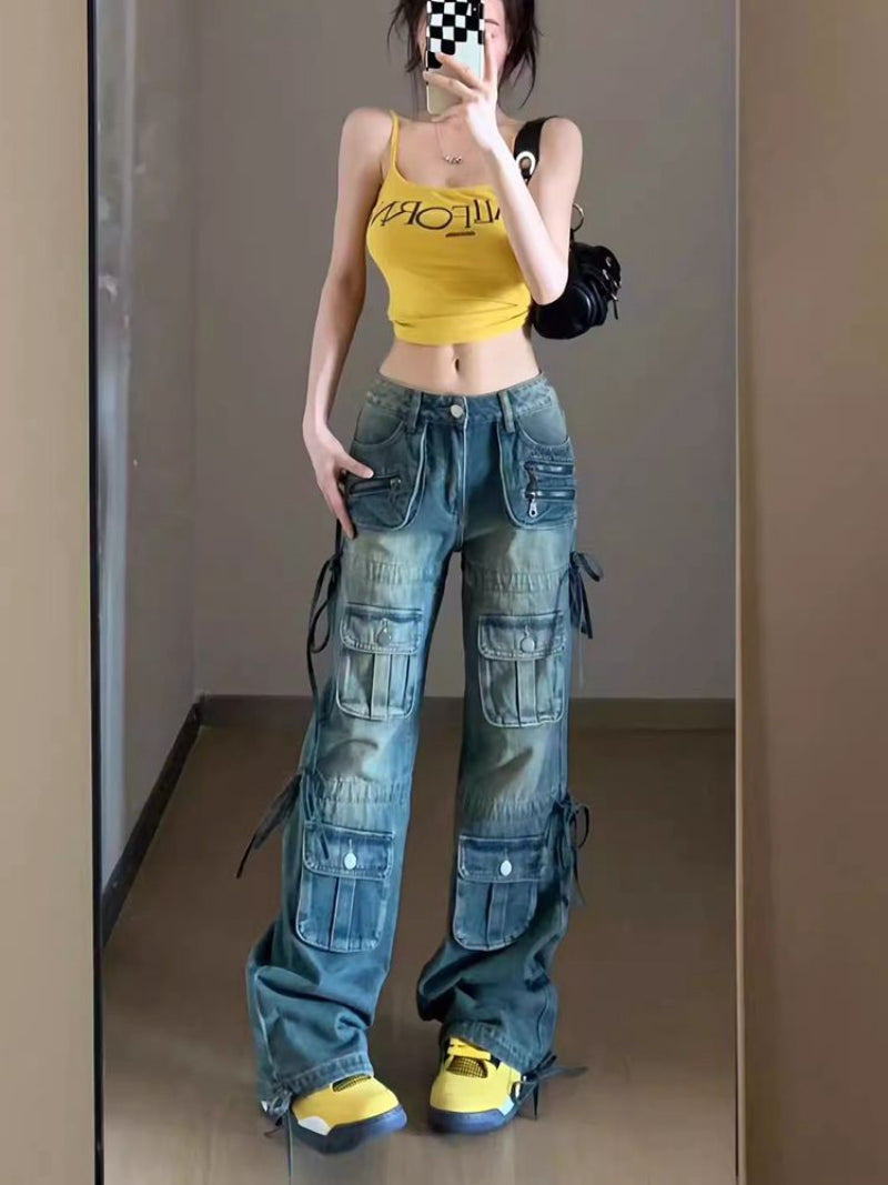 Women's Multi-pocket Heavy-duty Washed Drawstring Jeans