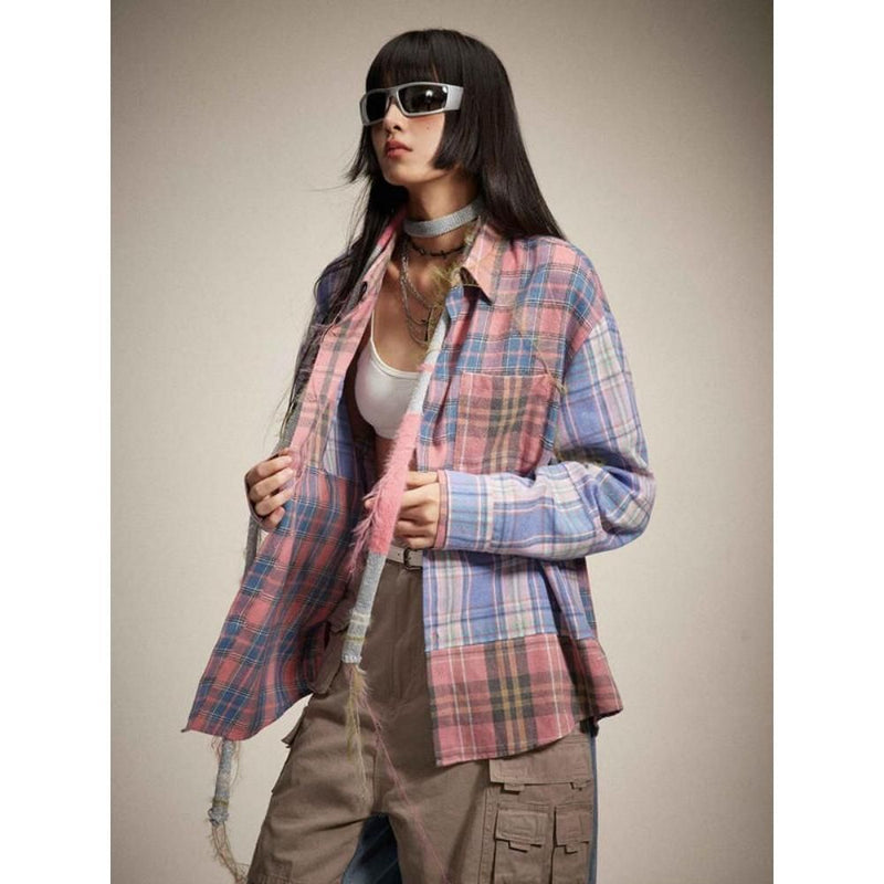 Vintage-Karobluse für Damen mit langen Ärmeln