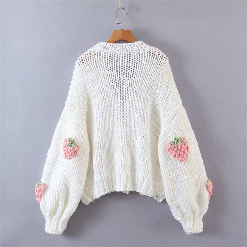 Women's Mohair Thick Knitted Cardigan Sweater V-neck Lantern Sleeve