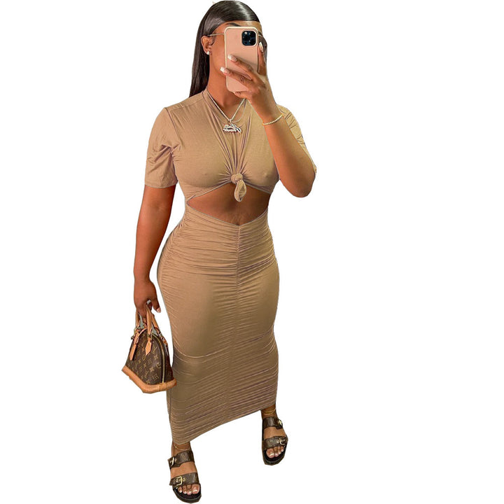 Sexy Solid Color Pleating Short Sleeve Dress Suit