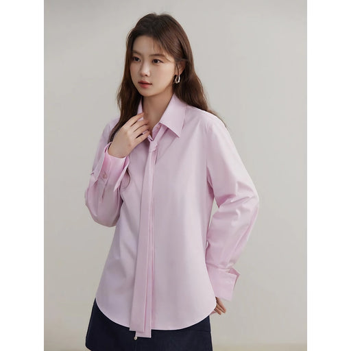 cotton long-sleeved blouse with ribbon, view 2 - MRSLM