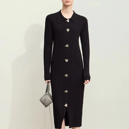 retro lapel knitted dress with metal buckle - MRSLM