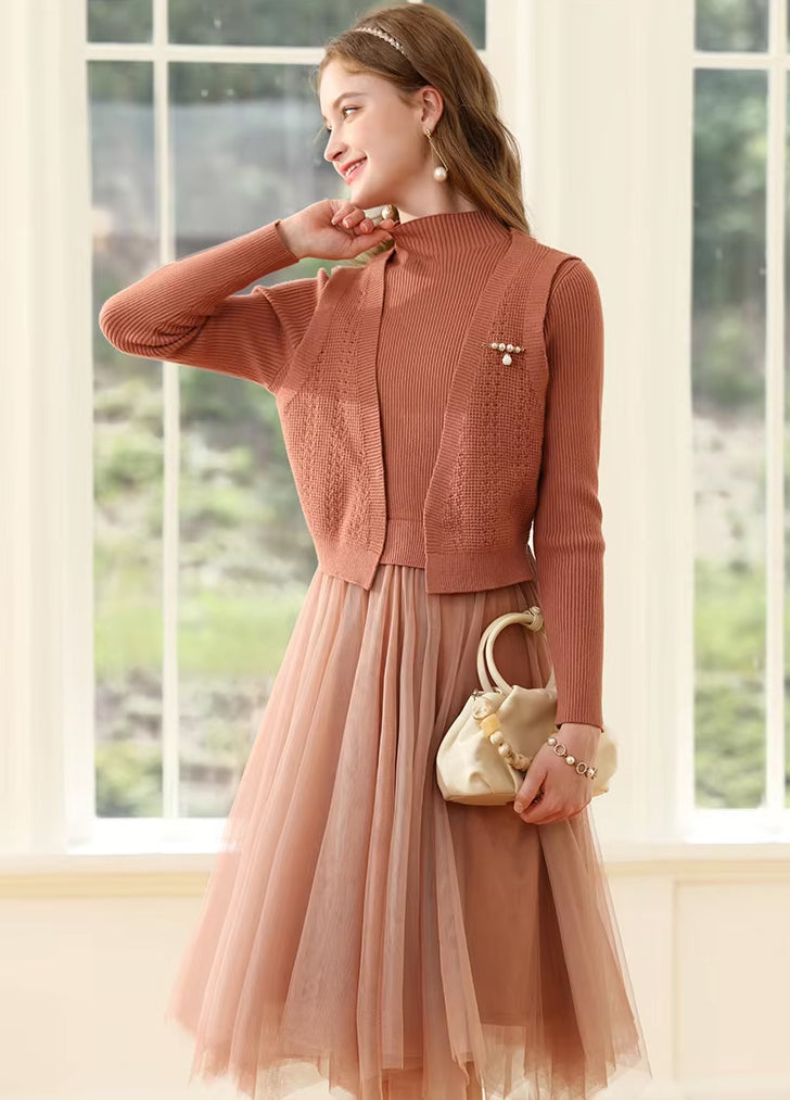 knitted turtleneck A-line dress, view 2 - MRSLM