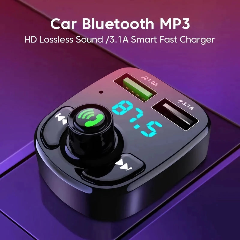 Transmissor FM Bluetooth para carro com MP3, LED, carregador USB duplo e função mãos-livres para chamadas.