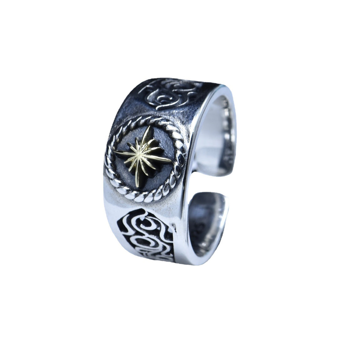 S925 Sterling Silver Ring Personalized Tang Grass Pattern SUNFLOWER Retro Hipster
