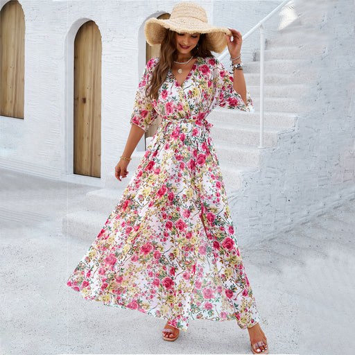 v-neck printed dress, view 3 - MRSLM