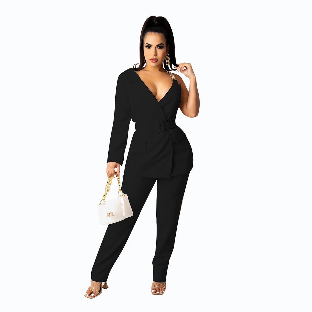 European And American Fashion Invisible Snap Single-side Sleeve Chain Belt Suit Two-piece Suit