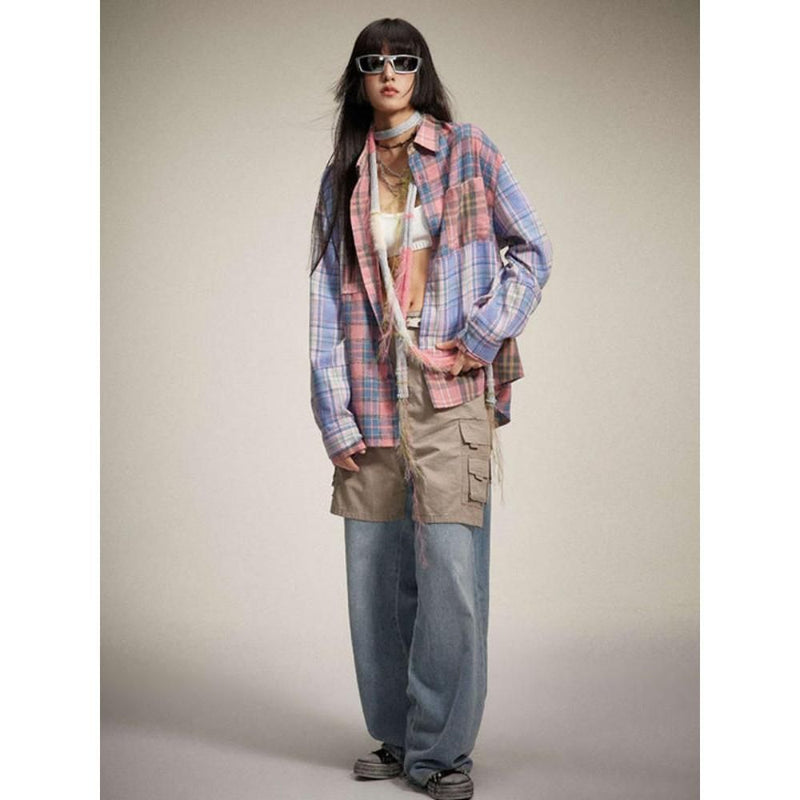 Vintage-Karobluse für Damen mit langen Ärmeln