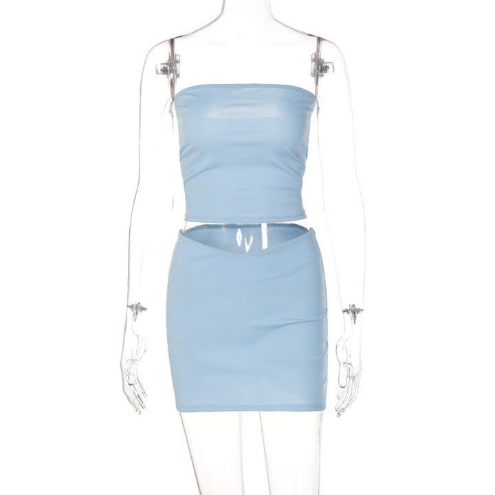 Midriff-baring Top Slim-fit Sheath Short Skirt Two-piece Set