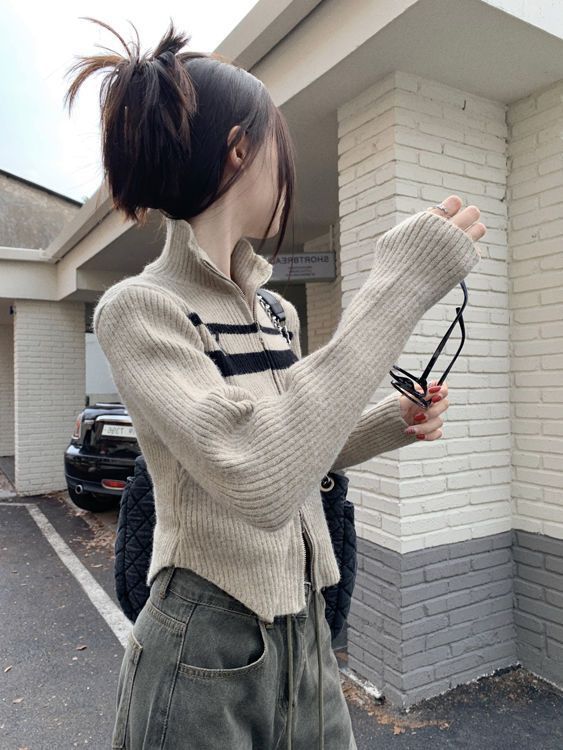 Casual Stand Collar Zipper Sweater Coat Slim Top For Women