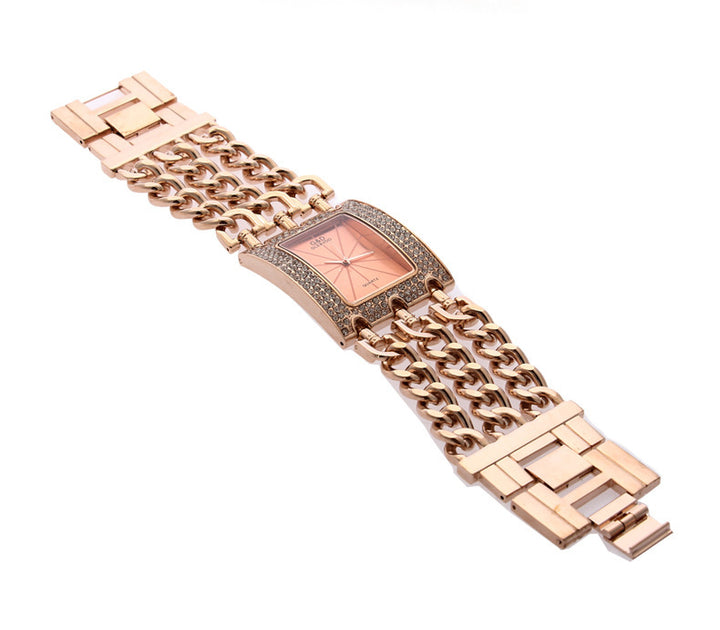 Women's Quartz Watch With Diamonds Three Links Gold And Rhinestones