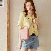 pink PU leather bucket handbag, view 5 - MRSLM