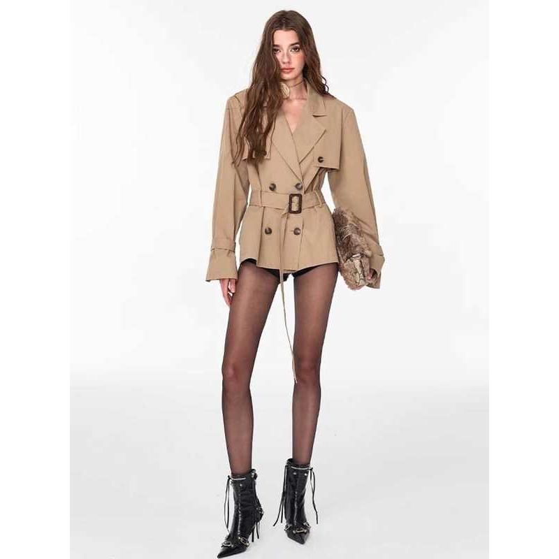 Classic Double-Breasted Cropped Trench Coat