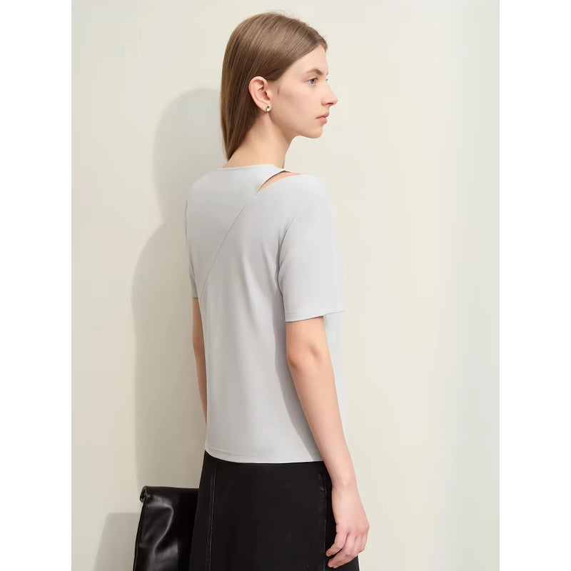 asymmetric V-neck short-sleeve slim top, view 6 - MRSLM
