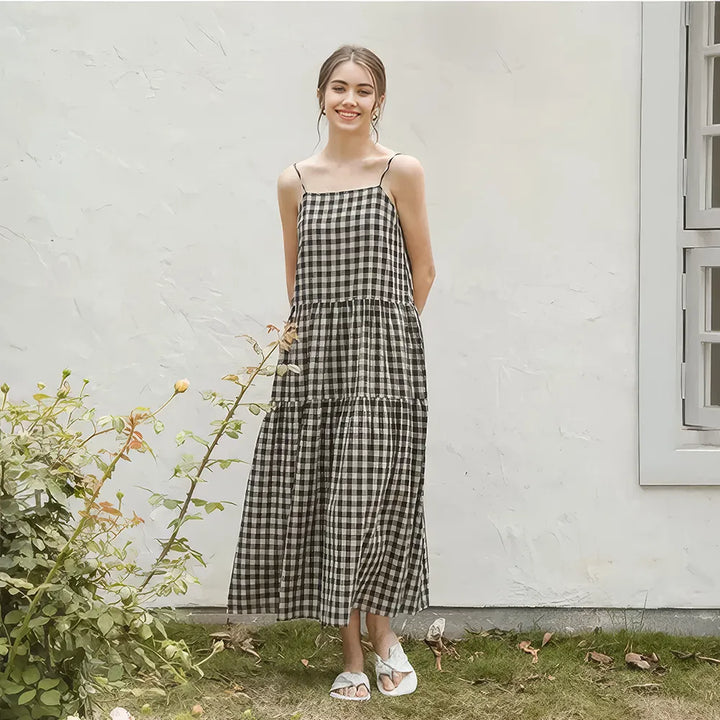 Vintage Plaid Cotton Linen Summer Dress