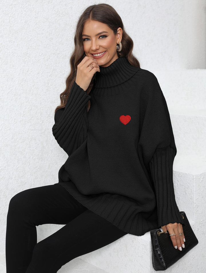 Women's Clothing Knitted Solid Color Turtleneck Lapel Loose Woven Love Stickers Sweater