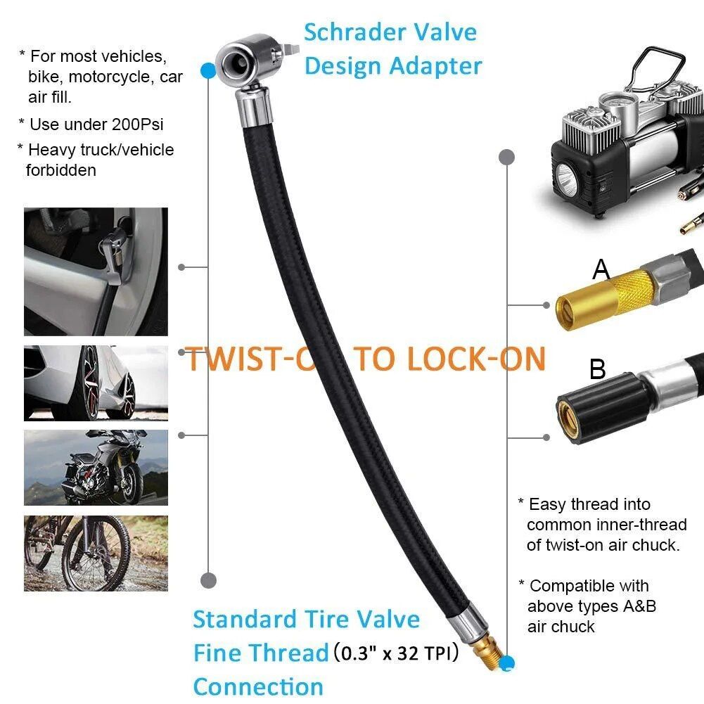 Universal Tire Inflator Hose with Locking Air Chuck for Cars & Bikes