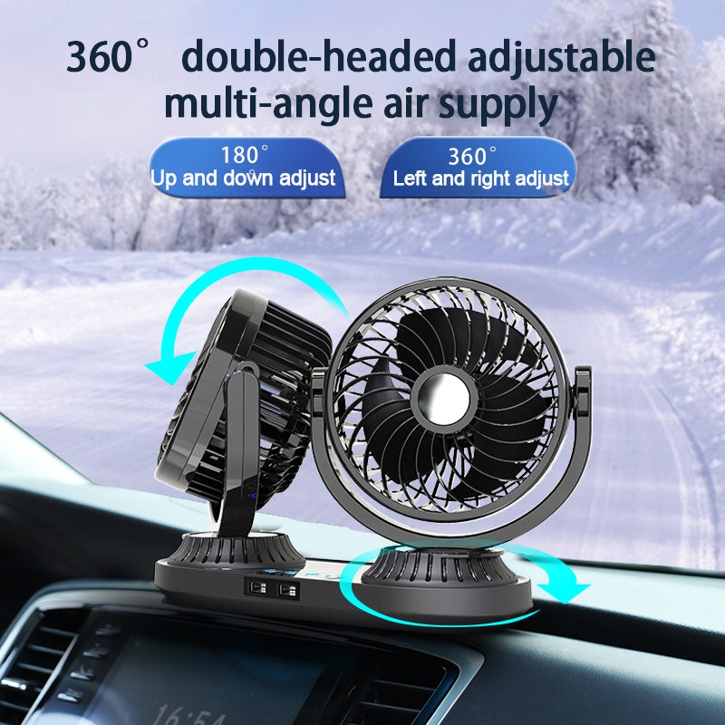 Ventilador de carro com duas cabeças girando 360°, portas USB e controle por toque.