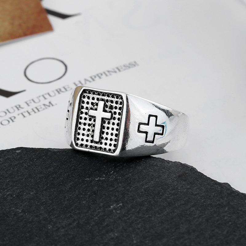 S925 Sterling Silver Cross Marcasite  Punk Men's Ring