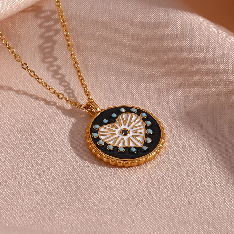 black and white enamel heart sunburst necklace, view 6 - MRSLM