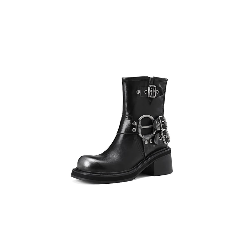 Botas de cano curto femininas retrô estilosas para motociclistas com fivelas.