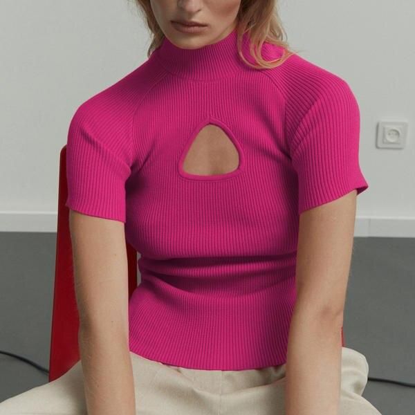 Damen-Strickpullover mit halbhohem Kragen und kurzen Ärmeln