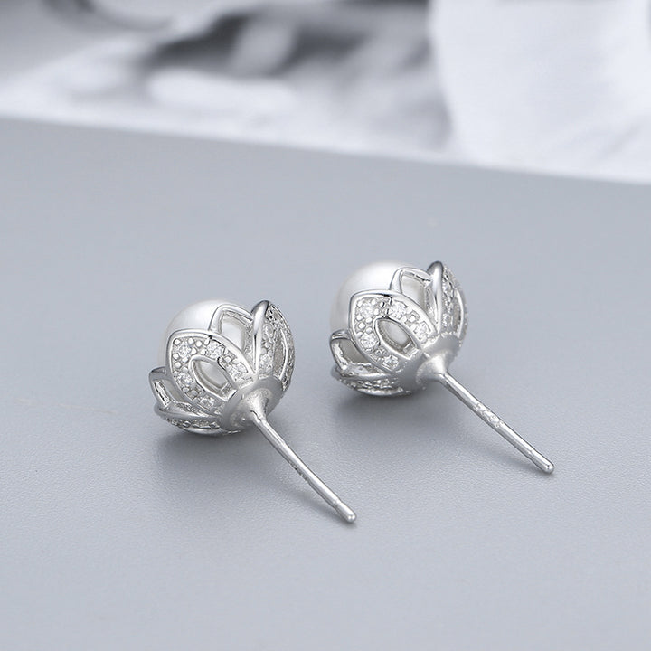 S925 Sterling Silver Simple Flower Pearl Stud Earrings New Micro Inlaid Zircon